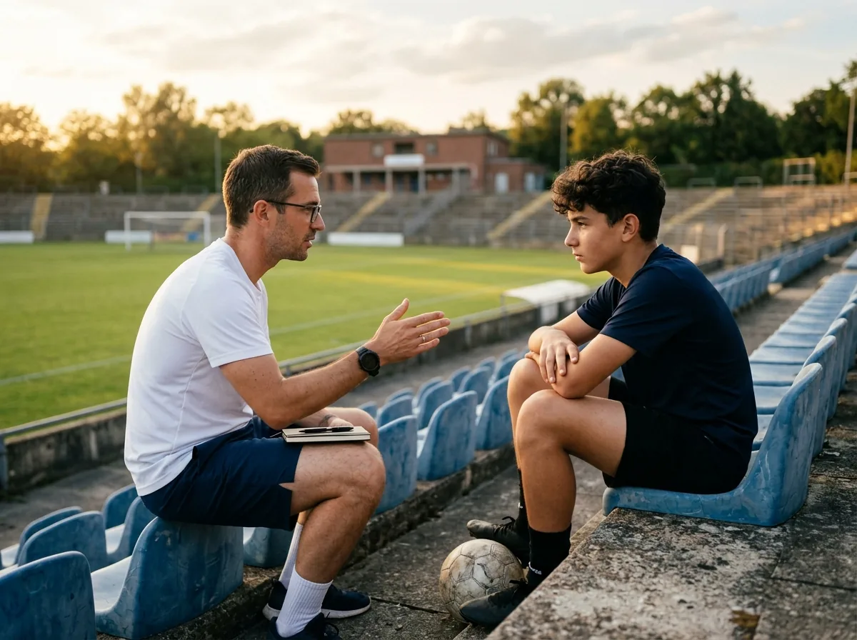 Trener mentalny rozmawia z młodym piłkarzem na trybunach stadionu
